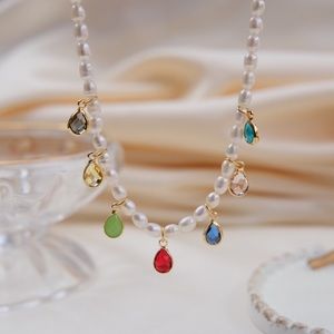 🔥18K Gold Freshwater Pearl Rainbow Teardrop Necklace